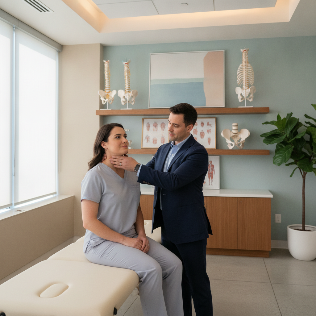 Chiropractic Clinic Mesa AZ: A chiropractor evaluating a patient with chronic neck pain in a modern clinic setting