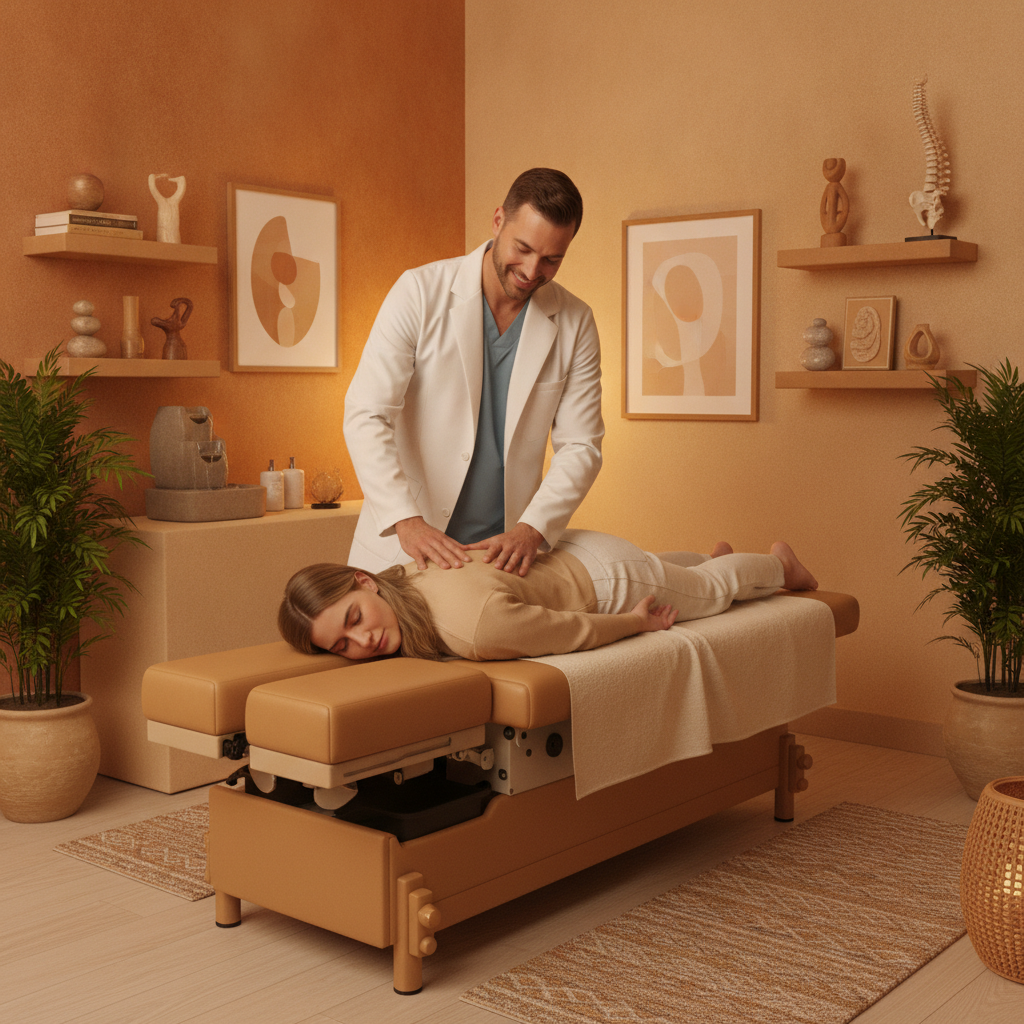 A welcoming chiropractic clinic interior with a chiropractor consulting a patient, representing top-rated Chiropractor Mesa AZ services