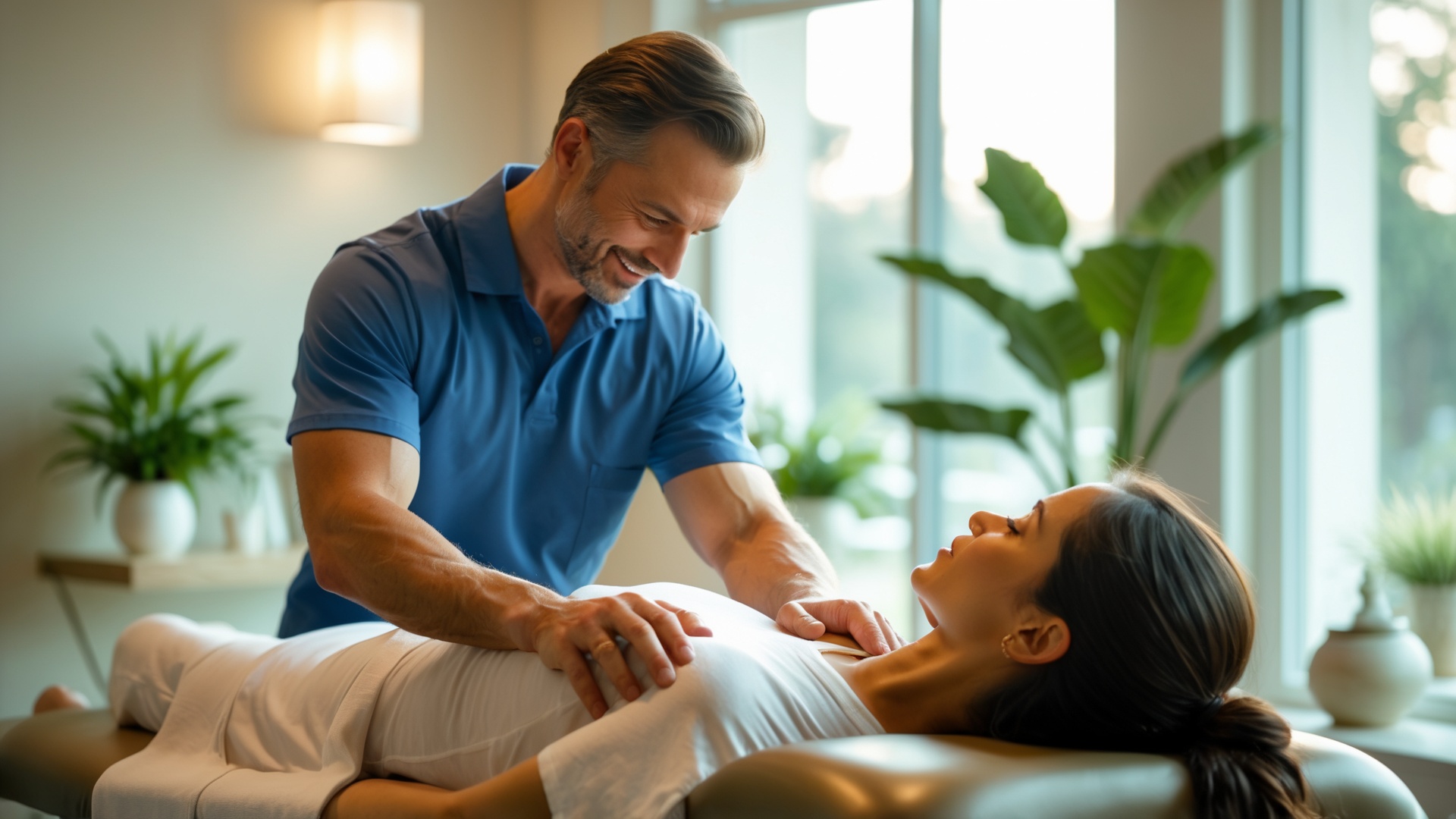 A serene wellness studio featuring a chiropractor and client